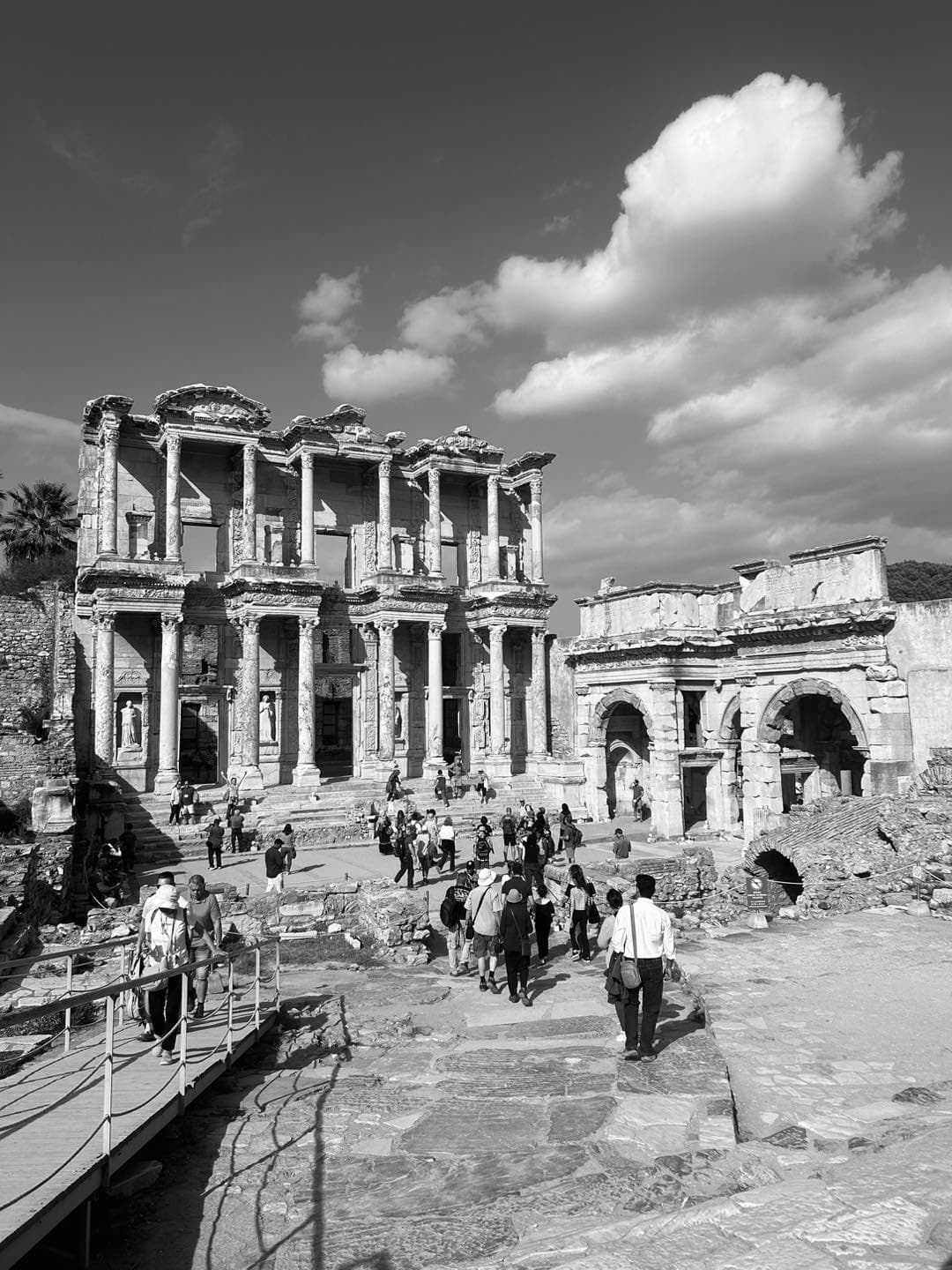 Black and white photo of the ancient columns at Ephesus, Turkey
