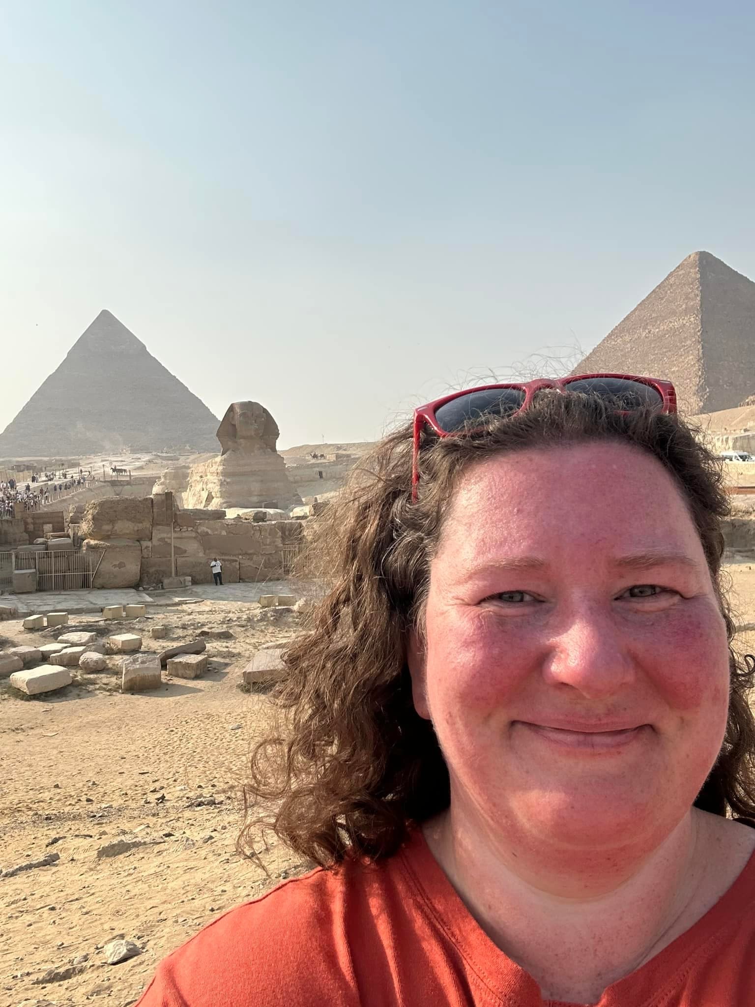 Stacy Hodgson at the Giza Pyramids and Sphinx in Egypt